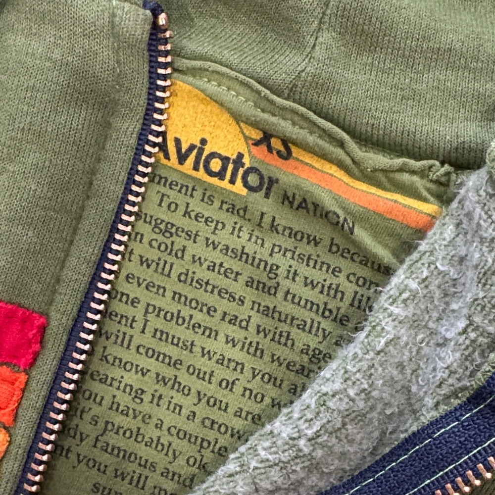 Aviator Nation Green Zip Hoodie with Rainbow Chest Stripes - Picture 2 of 3